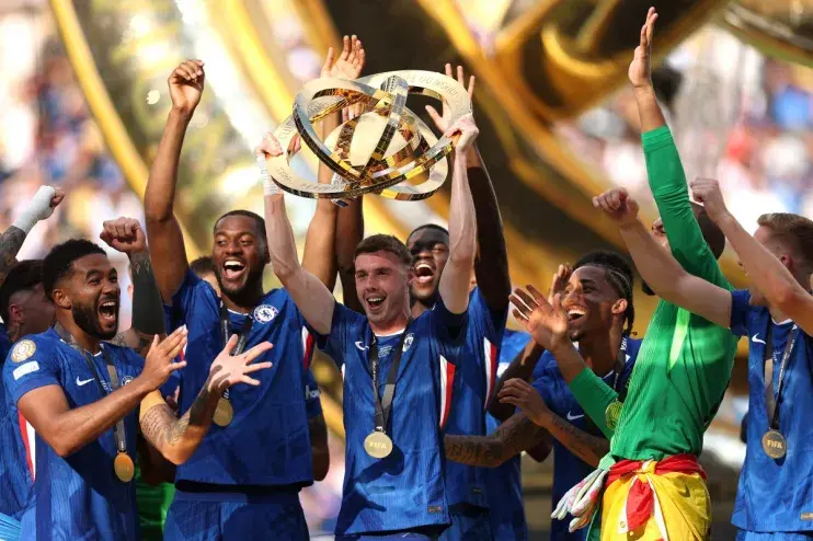 Cole Palmer lifts the Club World Cup for Chelsea at the MetLife Stadium in New Jersey, USA.