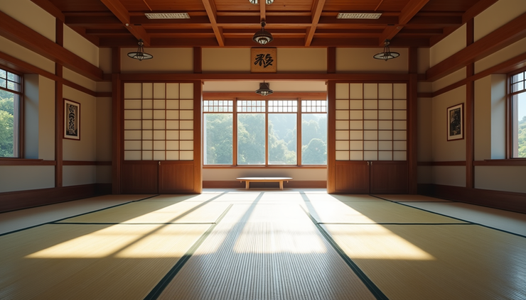 Eye-level view of a karate dojo training area with mats and traditional decorations