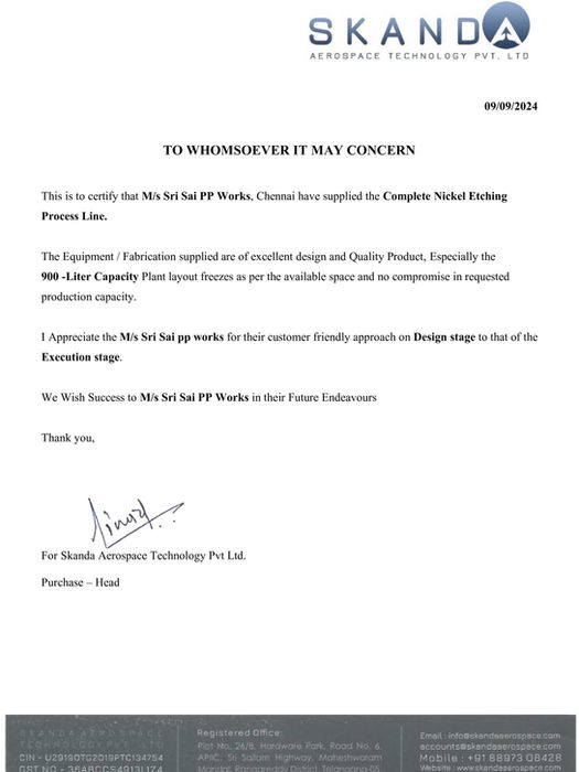 Management System Certificate ISO 9001 Electroplating Plant Sri Sai PP Works