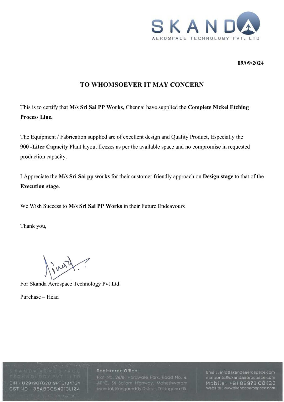 Management System Certificate ISO 9001 Electroplating Plant Sri Sai PP Works