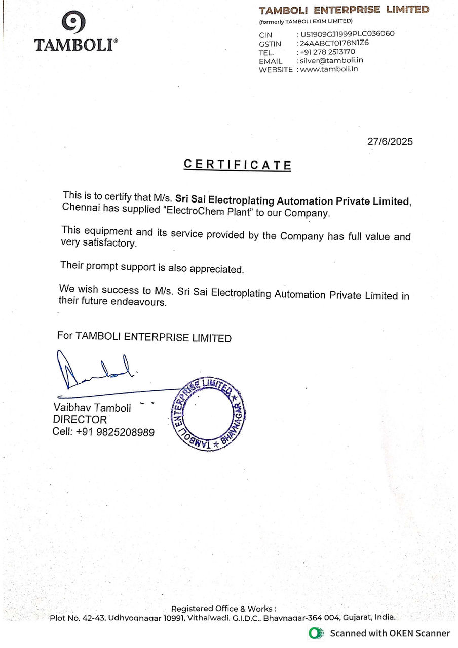 Management System Certificate ISO 9001 Electroplating Plant Sri Sai PP Works
