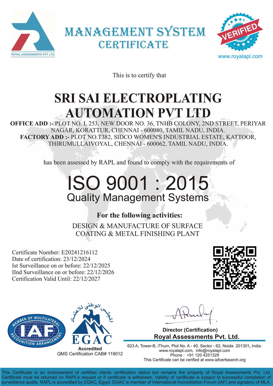 Management System Certificate ISO 9001 Electroplating Plant Sri Sai PP Works
