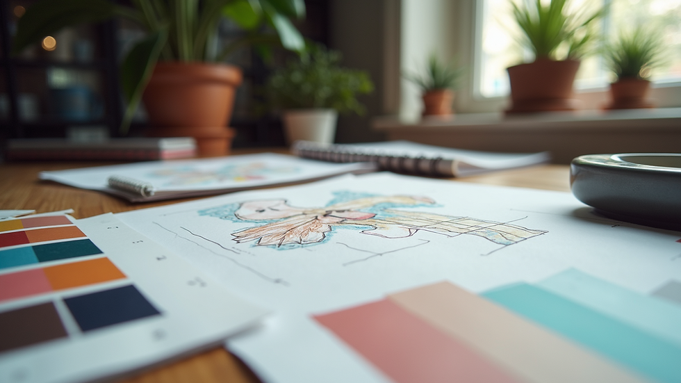 Close-up view of a designer’s desk with sketches and colour swatches