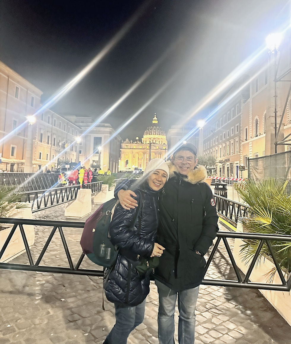 Standing in front of St Peter's Basilica before heading to the Cafe at 5:25am