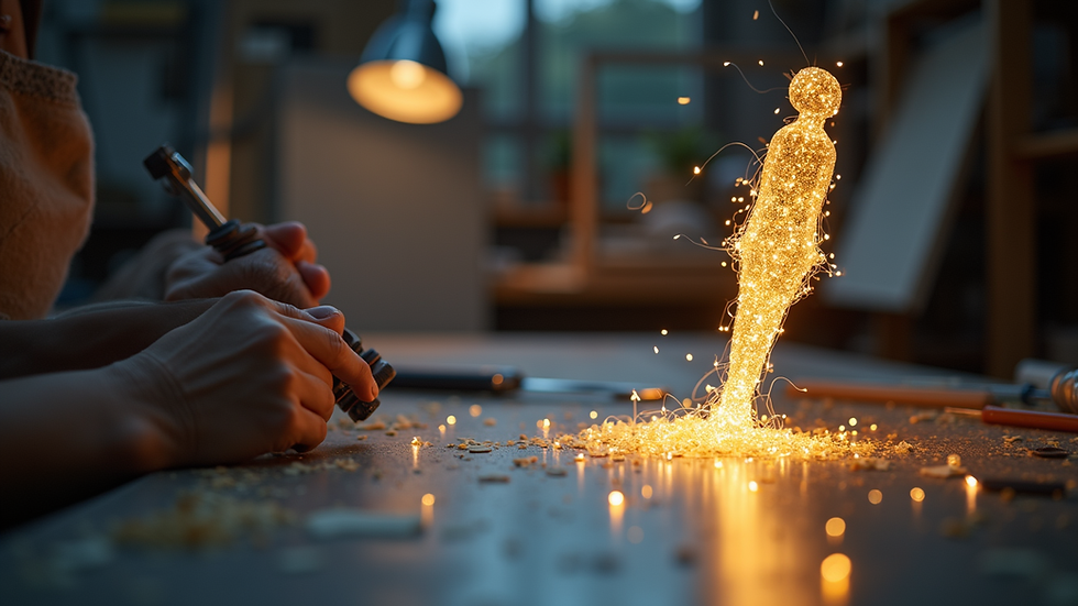 Vue en plongée d’un atelier de fabrication d’enseignes lumineuses avec matériaux et outils