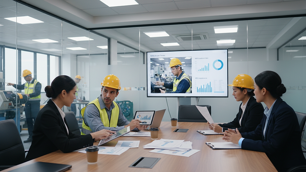 Eye-level view of a meeting room with HR and safety professionals discussing documents