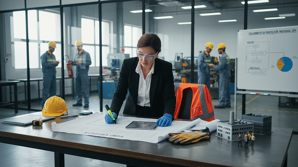 Eye-level view of a professional analyzing safety documents on a desk