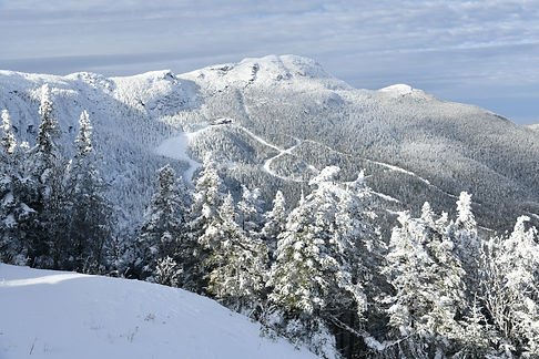 Stowe Ski Resort in Vermont, view to the Mansfield mountain slopes, December fresh snow on