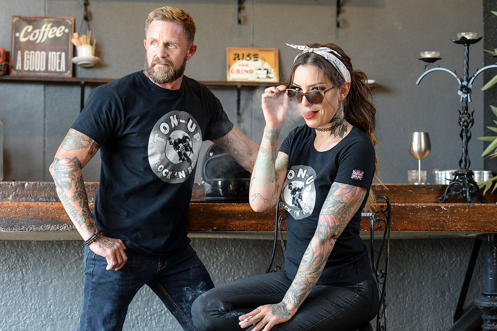 Thumbnail: Man and Woman Wearing Matching Ton-Up Rock N Rev Black Tees