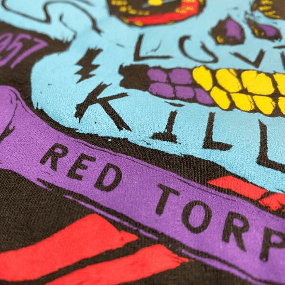Thumbnail: Red Torpedo Acid Punk Women's Black Tee Bright Color Pattern Detail