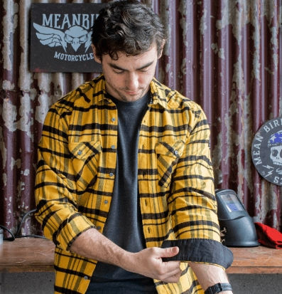 Thumbnail: Mean Bird Roll Free Men's Flannel Mustard Yellow and Black Long- Sleeve Button-Up Shirt Sleeve Detail