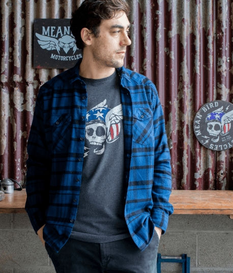 Mean Bird Roll Free Men's Flannel Blue and Black Long- Sleeve Button-Up Shirt Unbuttoned