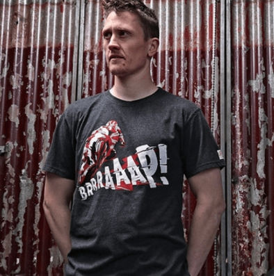 Dean Harrison Wearing Red Torpedo Braap Men's Anthracite Tee Showing Front Design