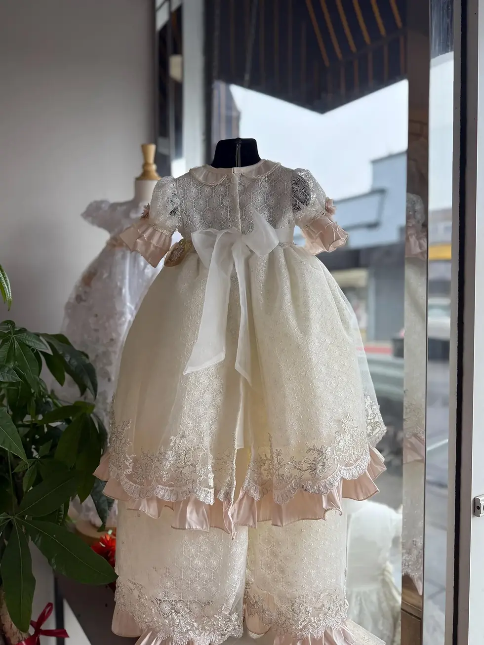 Thumbnail: Elegant Lace Baptism Grown with Blush Accents