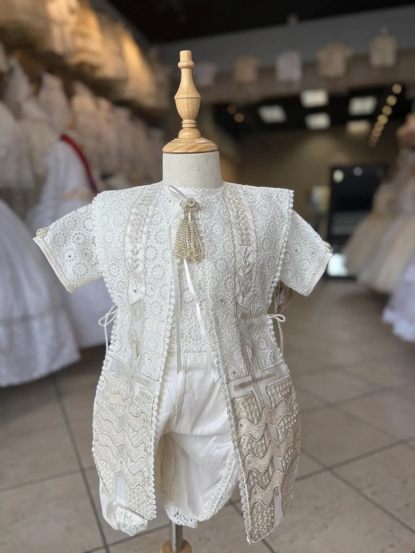Elegant Baby Boy Baptism Outfit with Lace and Cross Embroidery