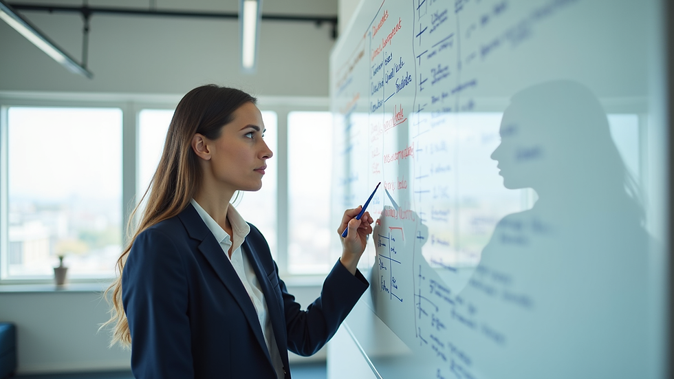 Eye-level view of a business professional structuring ideas on a whiteboard