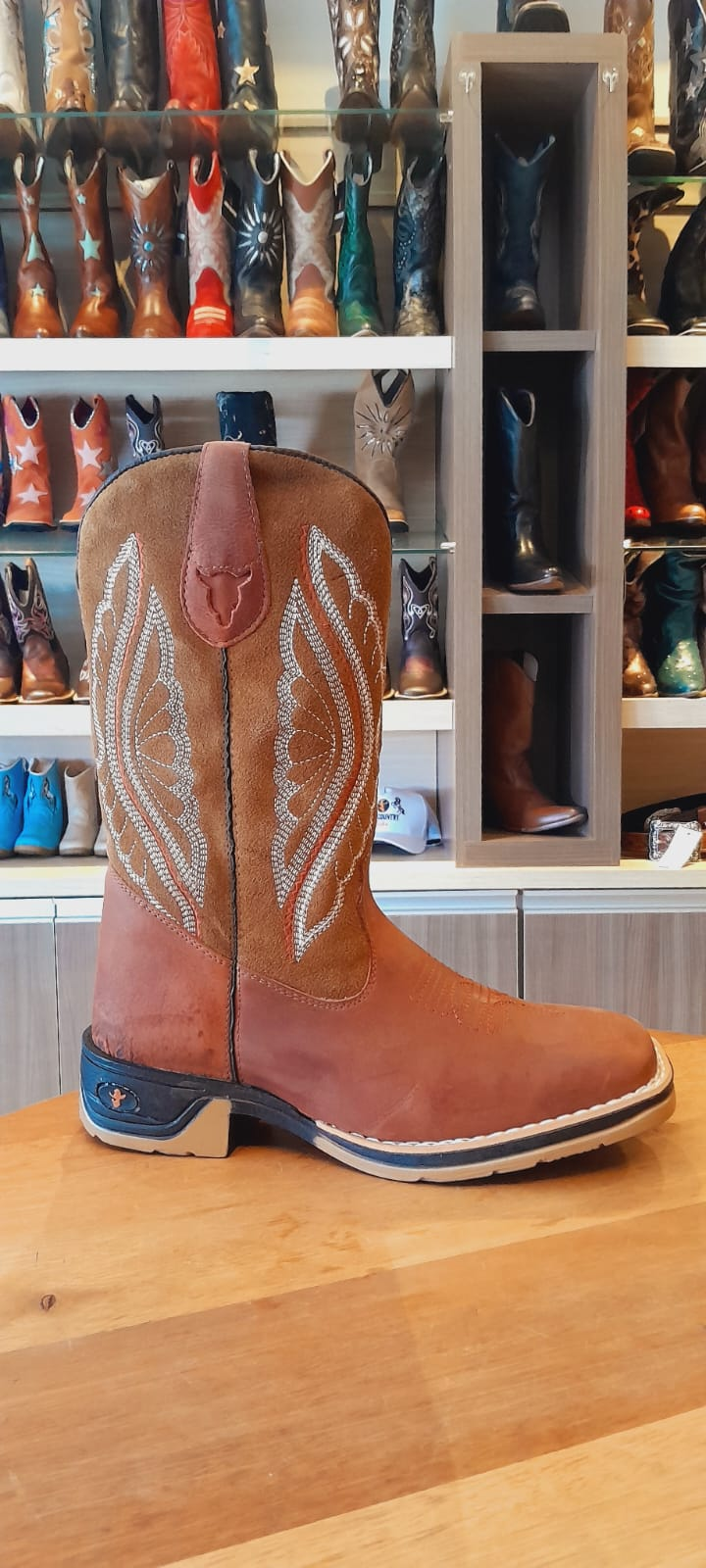 Miniatura: Bota Texana Masculina Butterfly - Couro Crazy Horse Whisky e Camurça Camel