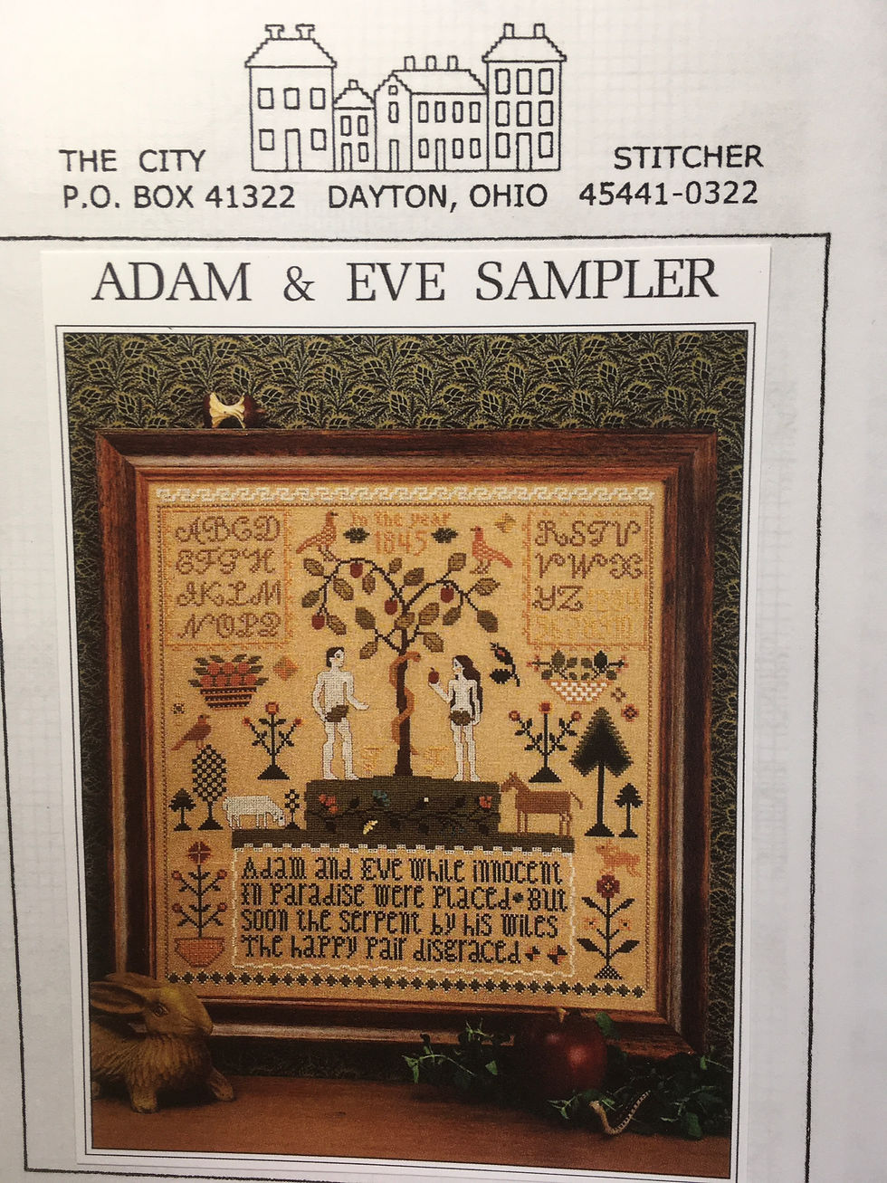 Thumbnail: Adam and Eve Sampler cross stitch chart by The City Stitcher Janet Miller