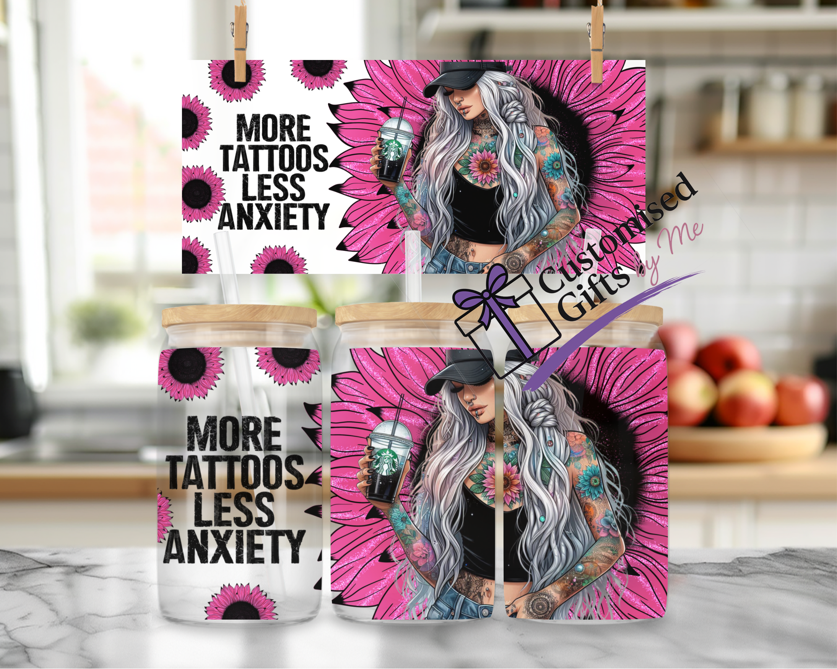 More Tats Less Anxiety Pink UV DTF Wrap for 16oz cup.