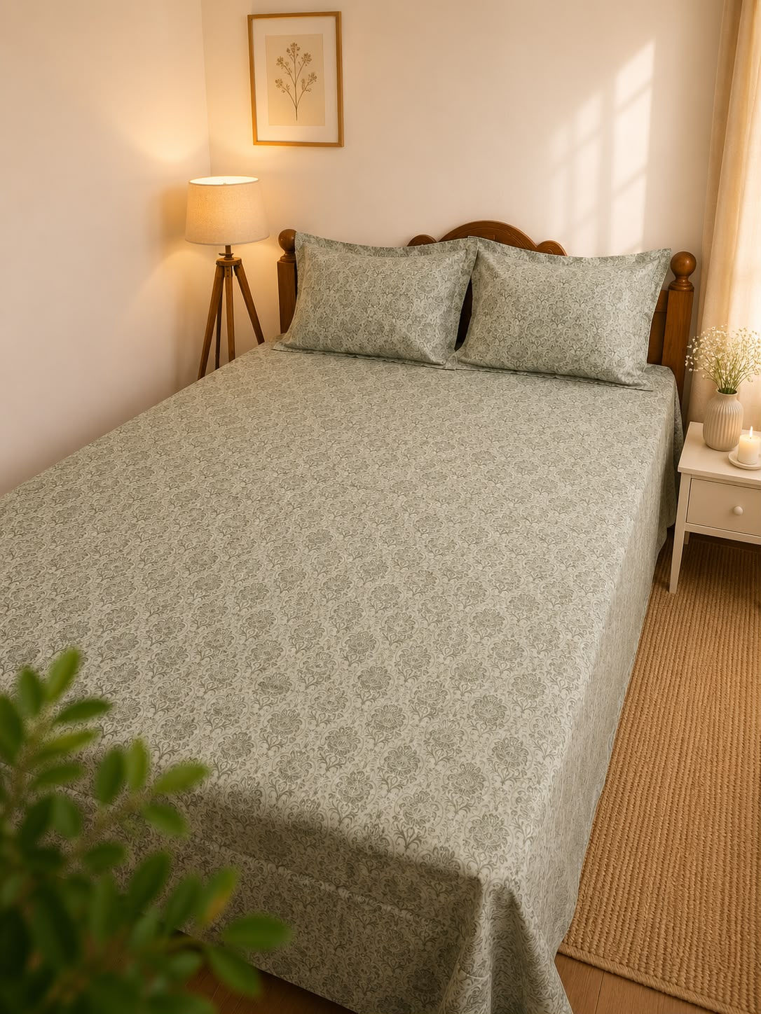 Sage Bloom Twill Cotton Queen Bedsheet