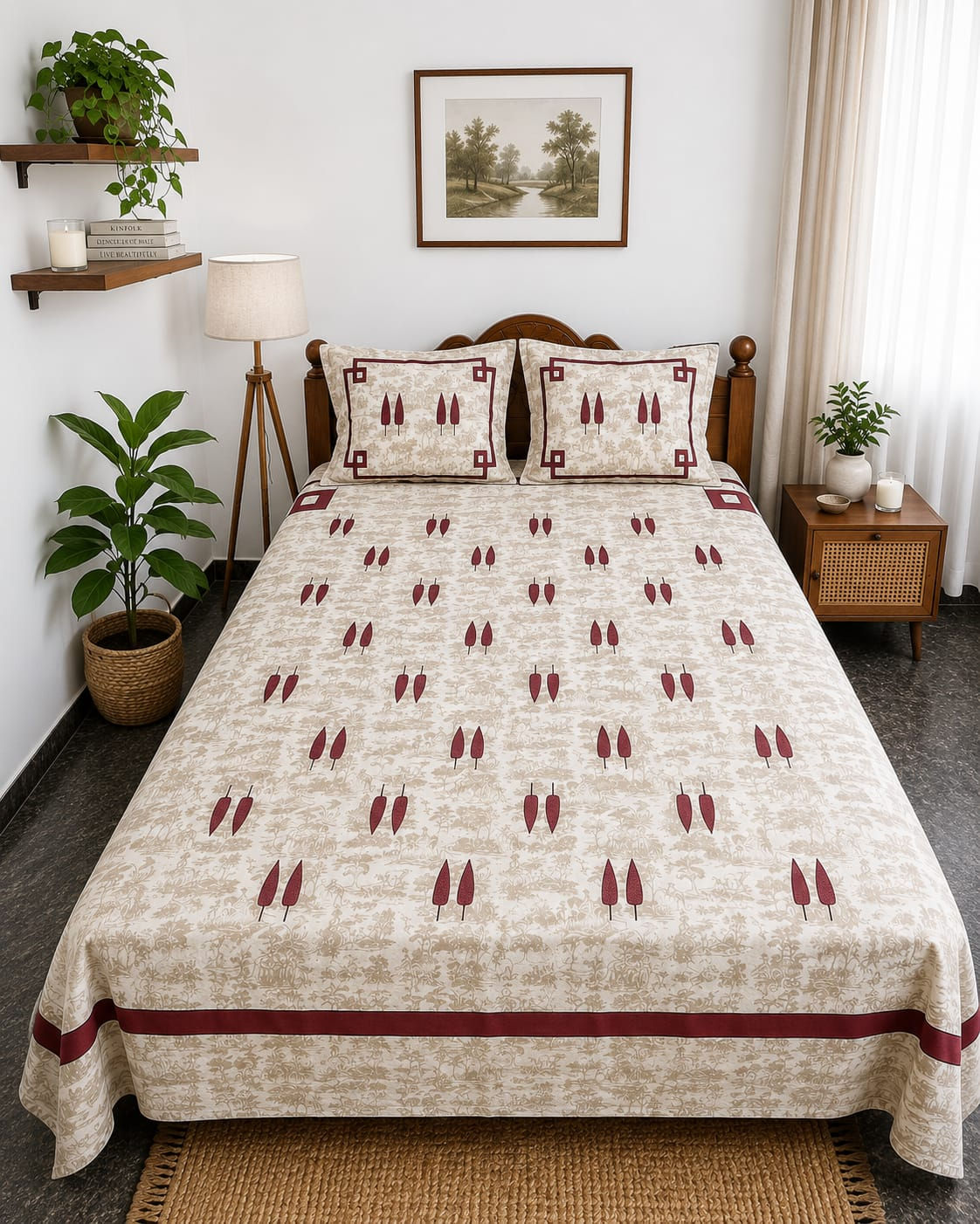 Ivory Handblock King size bedsheet