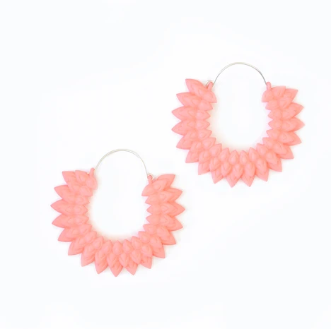 Make a statement with this lightweight botanical hoops inspired by dahlia flowers, in bright coral pink nylon and silver hooksn