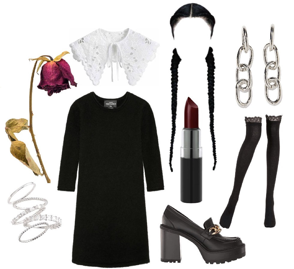 A black dress, black knee high socks, white lace collar, silver chain earrings, black heeled loafers, two long braids, silver rings, and a dead rose.