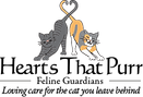 Two cartoon cats stretching, tails form a heart above organization name, "Hearts That Purr Feline Guardians" and slogan, "Loving care for the cat you leave behind."