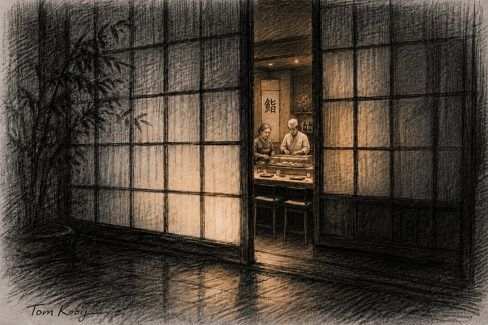 A charcoal sketch of a Japanese shoji screen, slightly open, warm amber lantern light spilling from within onto a dark exterior floor, with bamboo silhouetted to the left. Illustrated by Tom Kooy.