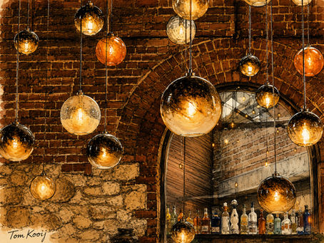Ink-and-watercolour illustration of a warm, candlelit restaurant interior, amber pendant globe lights hanging over exposed brick and a bar lined with bottles.