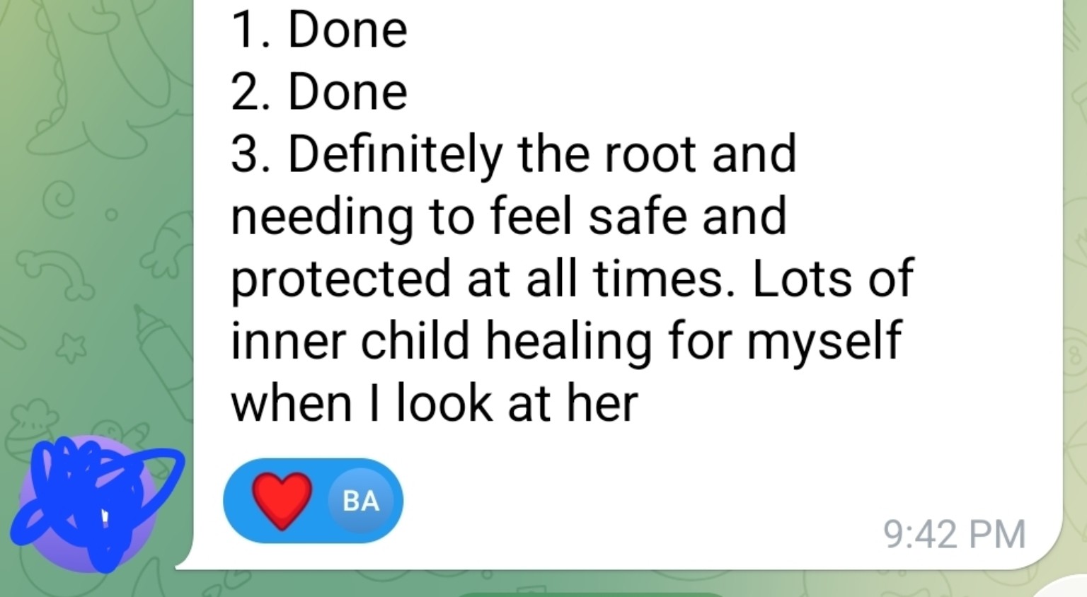 An anonymized participant message describing their personal experience