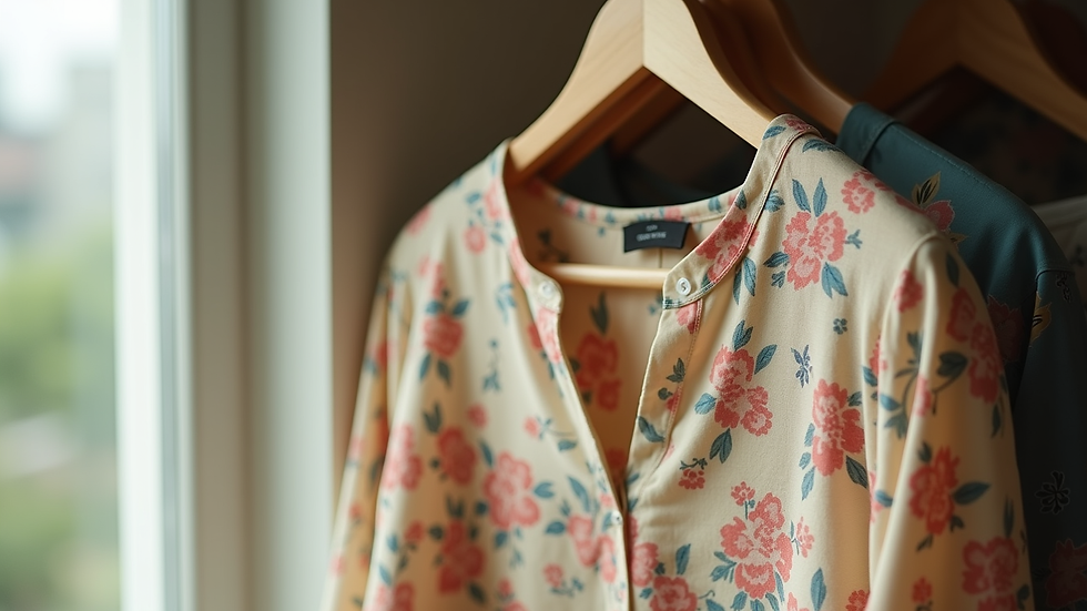 Close-up view of a vintage floral blouse hanging on a wooden hanger