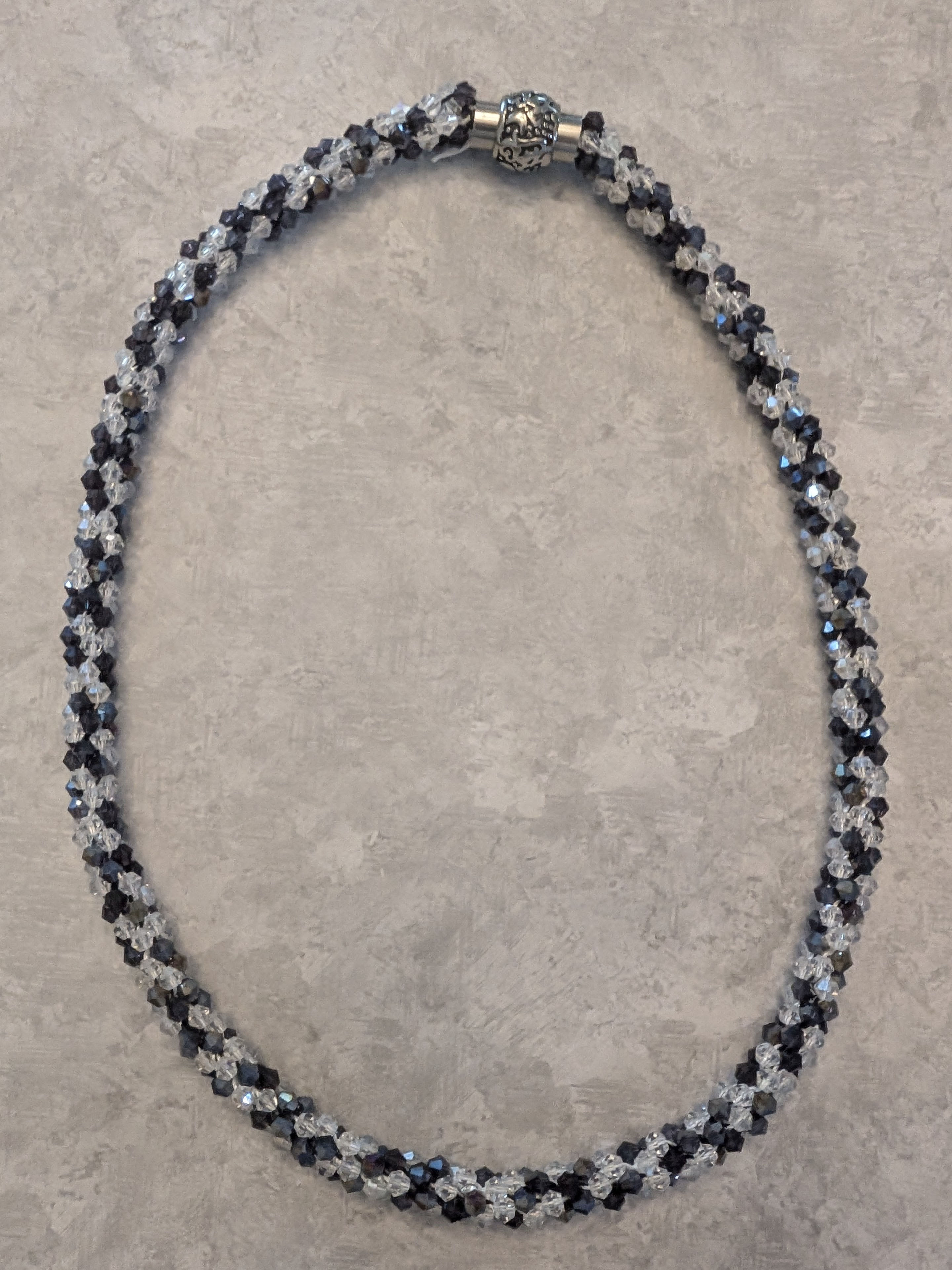 Kumihimo glass bead necklace, purple and clear crystals