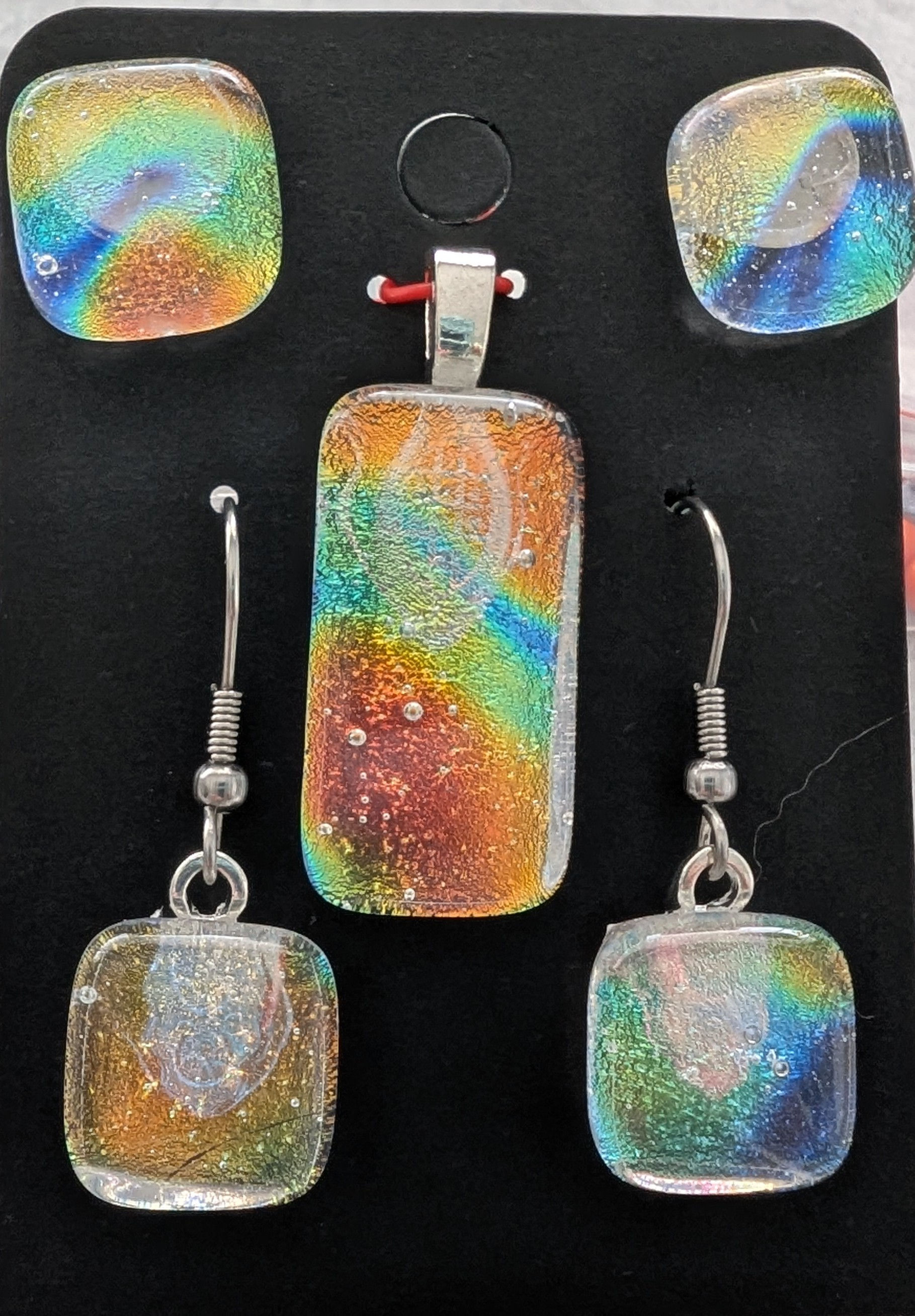 Rainbow colored dichroic glass pendant and earrings set