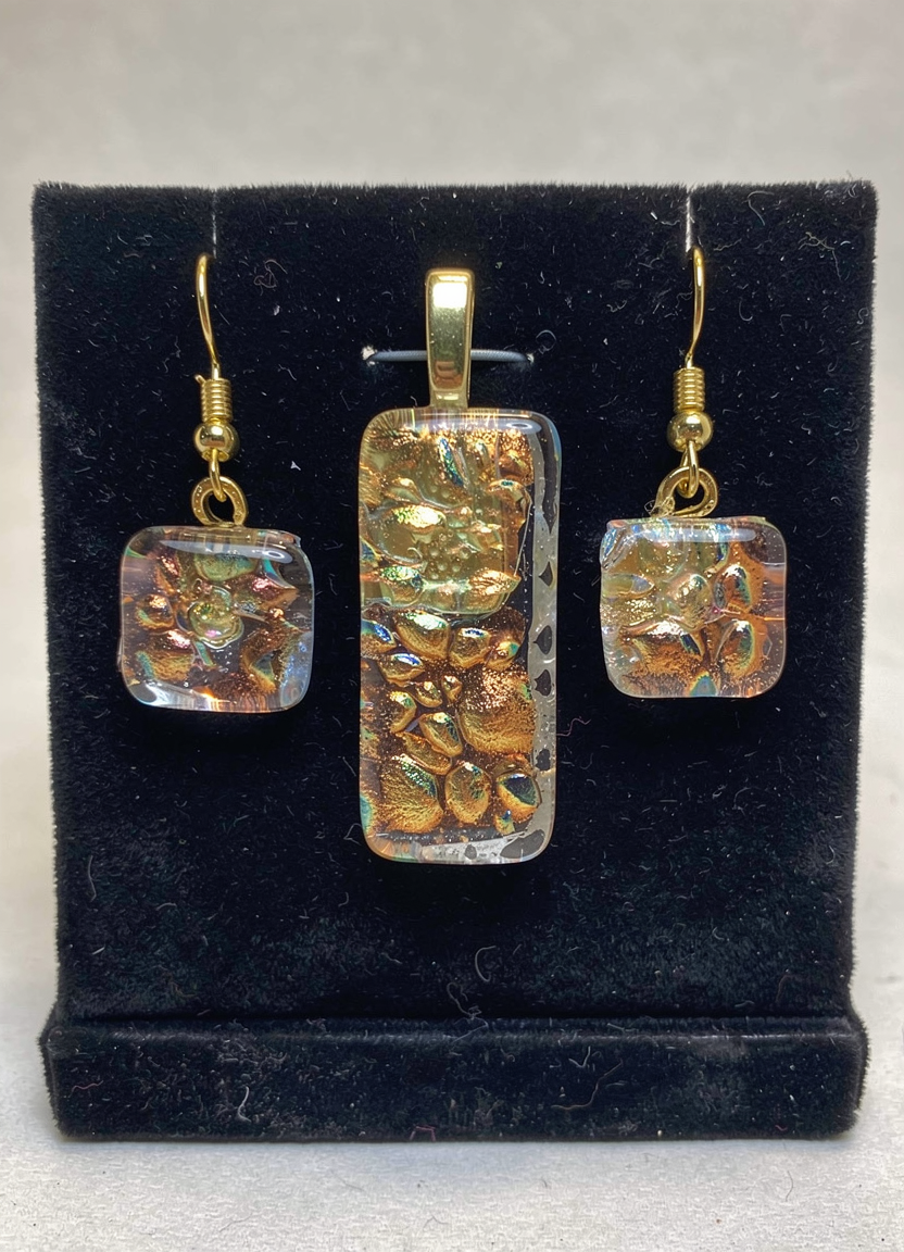 Gold/amber colored Dichroic Glass Pendant and earrings set