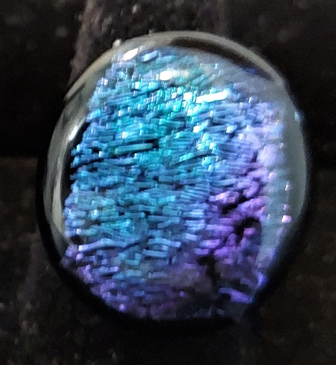 Teal and purple dichroic glass ring