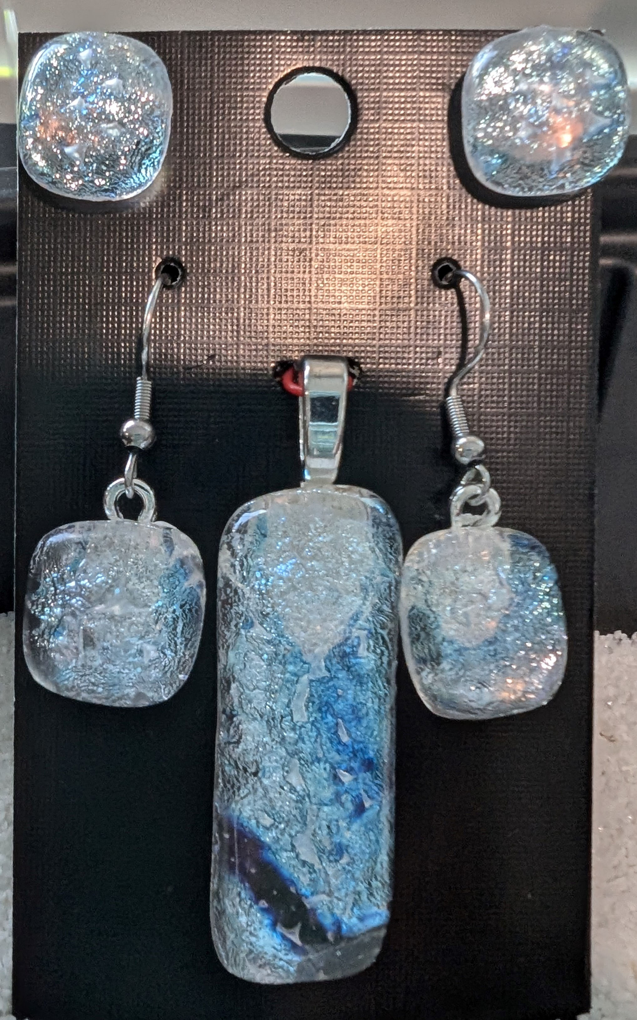 Silver blue Dichroic Glass Pendant and earrings set