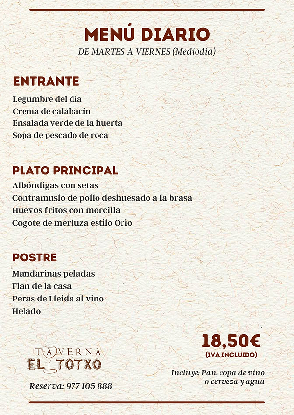 Menu diario OTONOINVIERNO De Martes a Viernes (solo mediodía) Primeros Sopa de cebolla al 