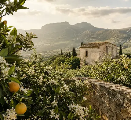 Un verger d'orangers en fleurs sous le soleil de Méditerranée. — inspiration de la destination Sicile