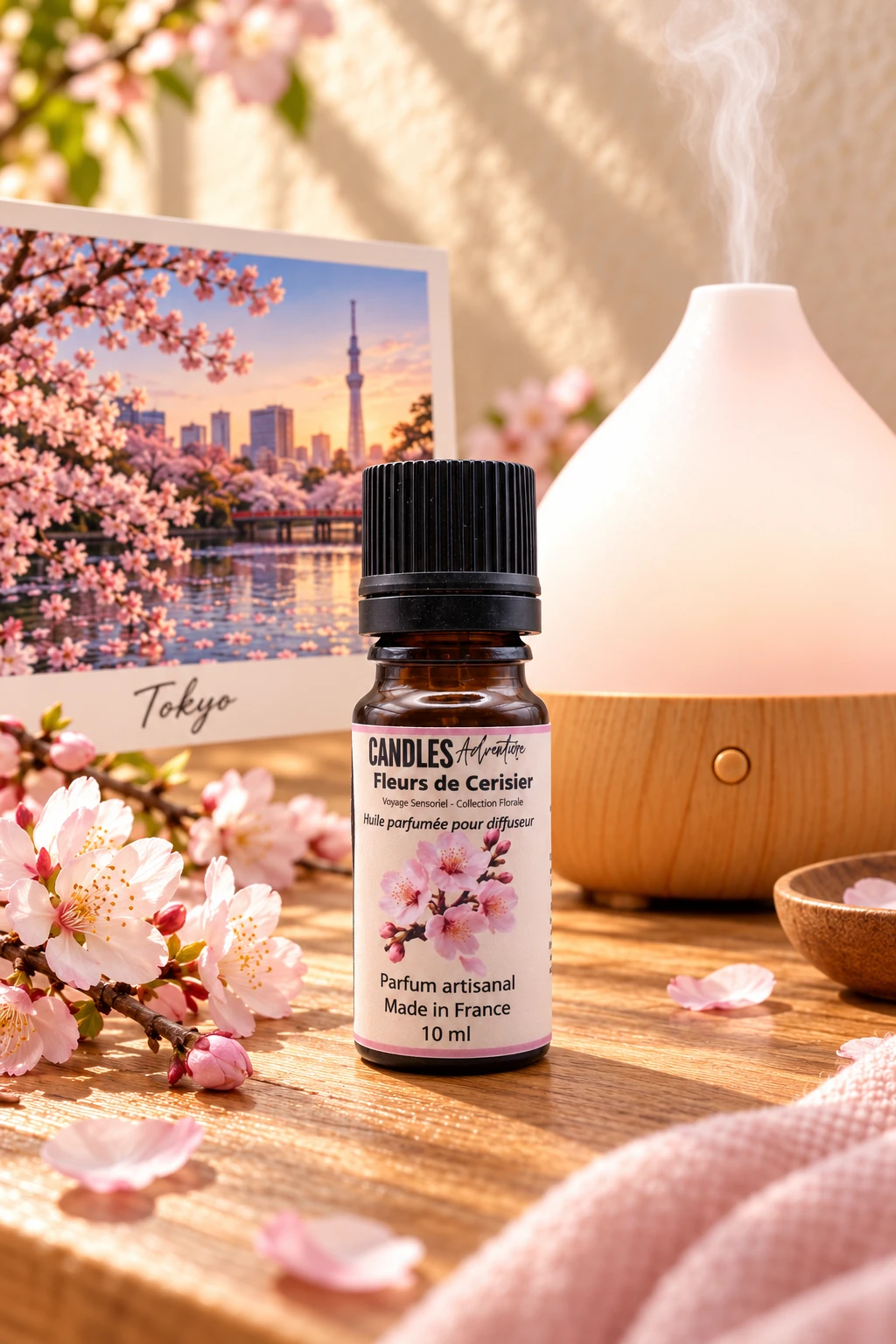 Huile parfumée Fleurs de Cerisier 10 ml Candles Adventure avec diffuseur ultrasonique et carte de Tokyo.