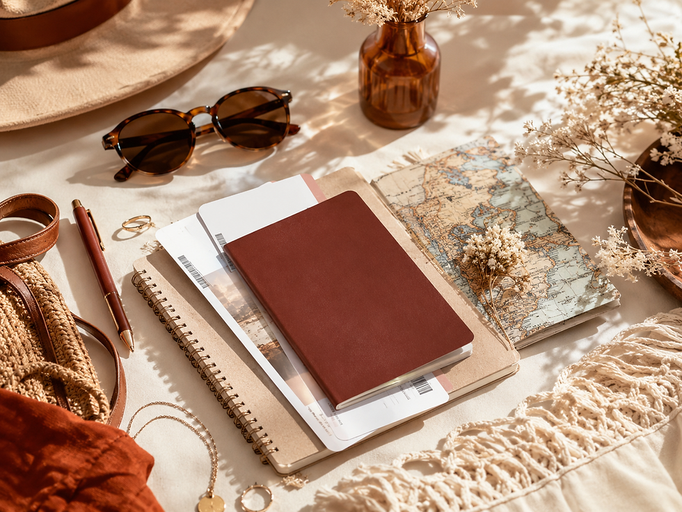 Préparation d’un voyage en automne avec passeport, carte et accessoires dans une ambiance bohème