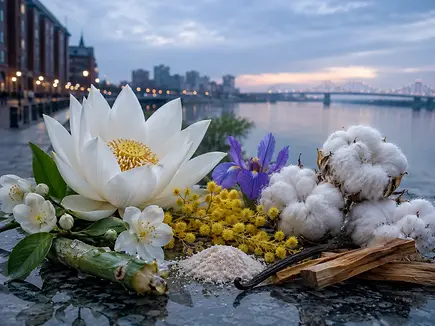 Univers olfactif Lotus Blanc & Coton associé à Memphis, ambiance florale, élégante et délicate