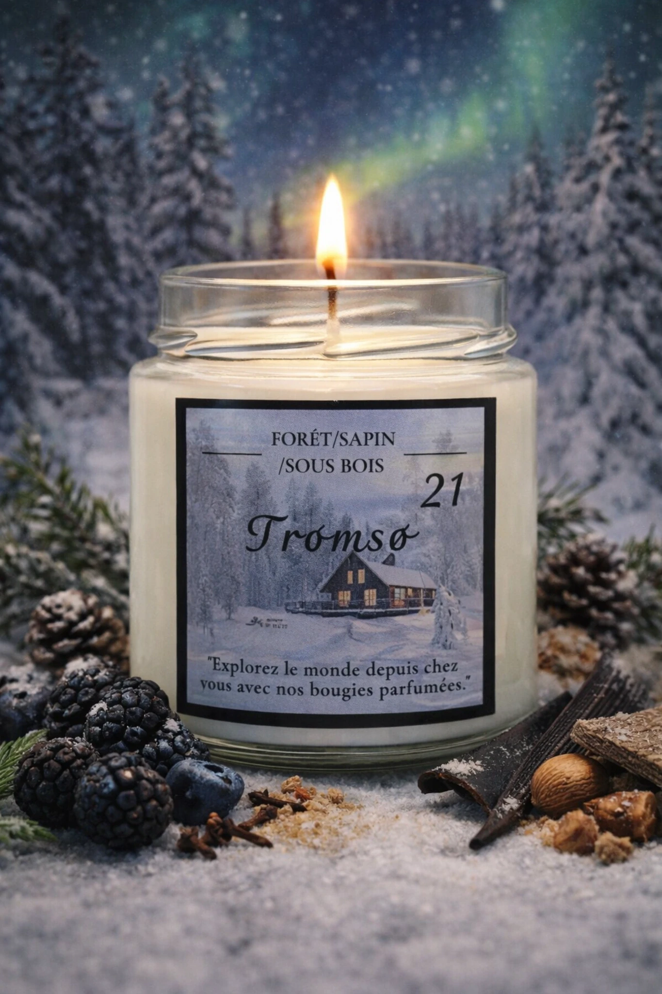 Bougie artisanale parfumée Tromsø – Forêt, Sapin & Sous-Bois | Candles Adventure