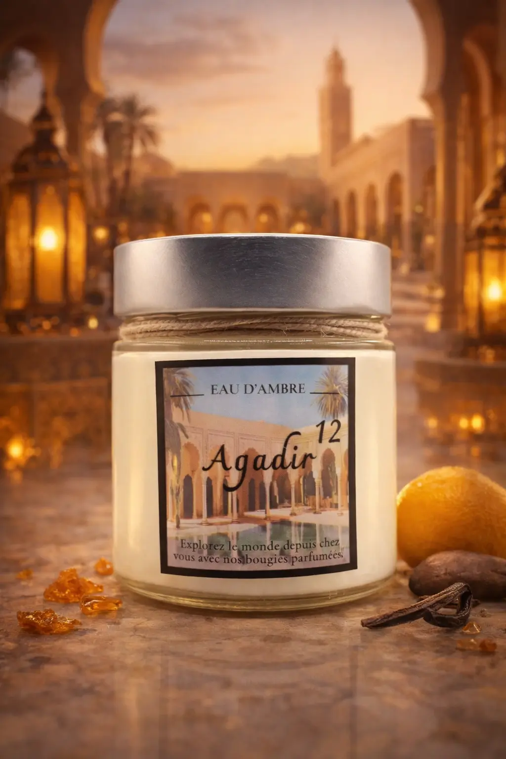 Bougie artisanale parfumée francaise Agadir à l'Eau d’Ambre