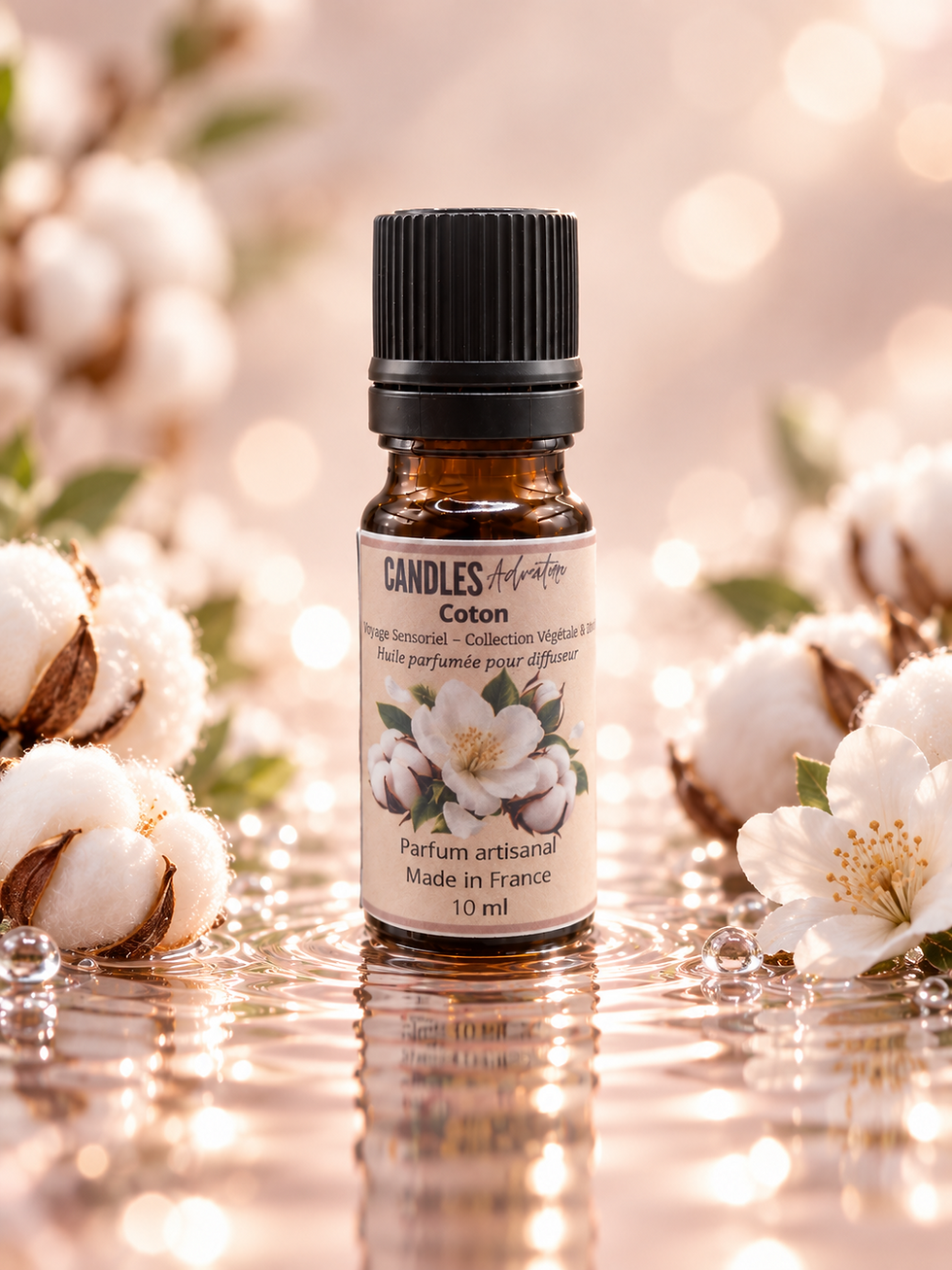 Huile parfumée Coton 10 ml Candles Adventure avec fleur de coton blanche dans une ambiance douce et épurée