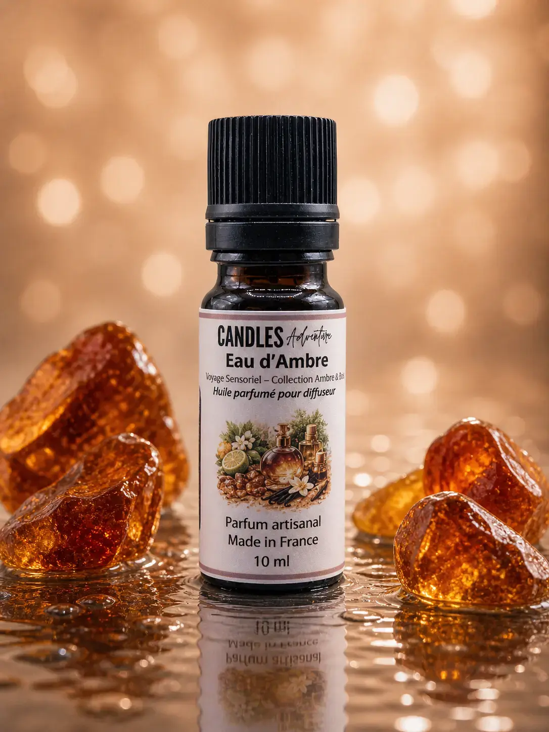 Huile parfumée Eau d’Ambre 10 ml Candles Adventure en mise en scène, ambiance ambrée chaleureuse pour diffuseur ultrasonique
