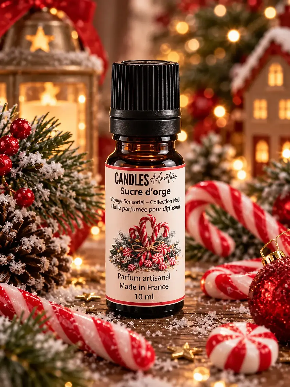 Huile parfumée Sucre d’orge 10 ml Candles Adventure dans une ambiance de Noël avec sucres d’orge et décorations festives