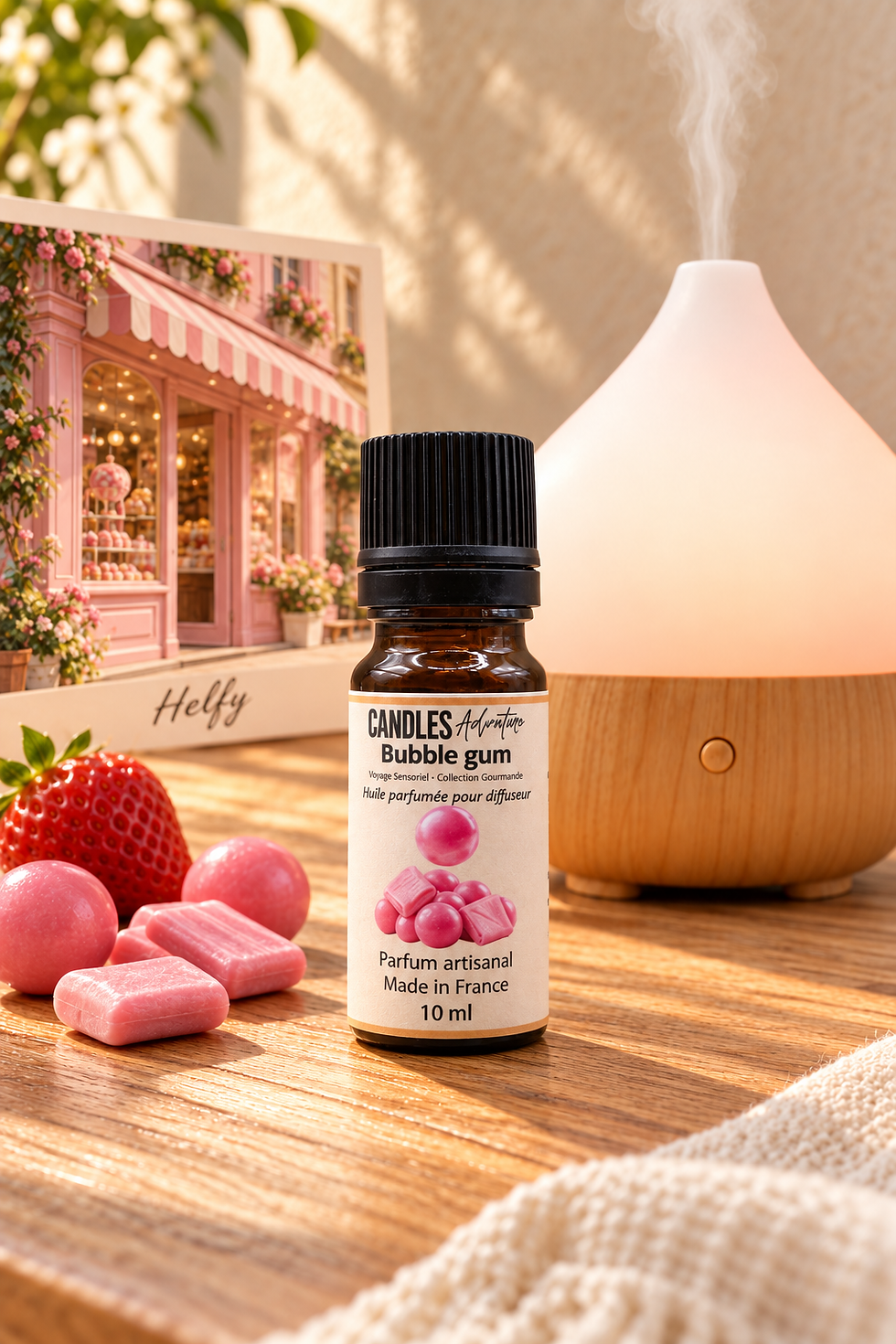 Huile parfumée Bubble Gum 10 ml Candles Adventure, avec diffuseur ultrasonique et carte postale Helfy.