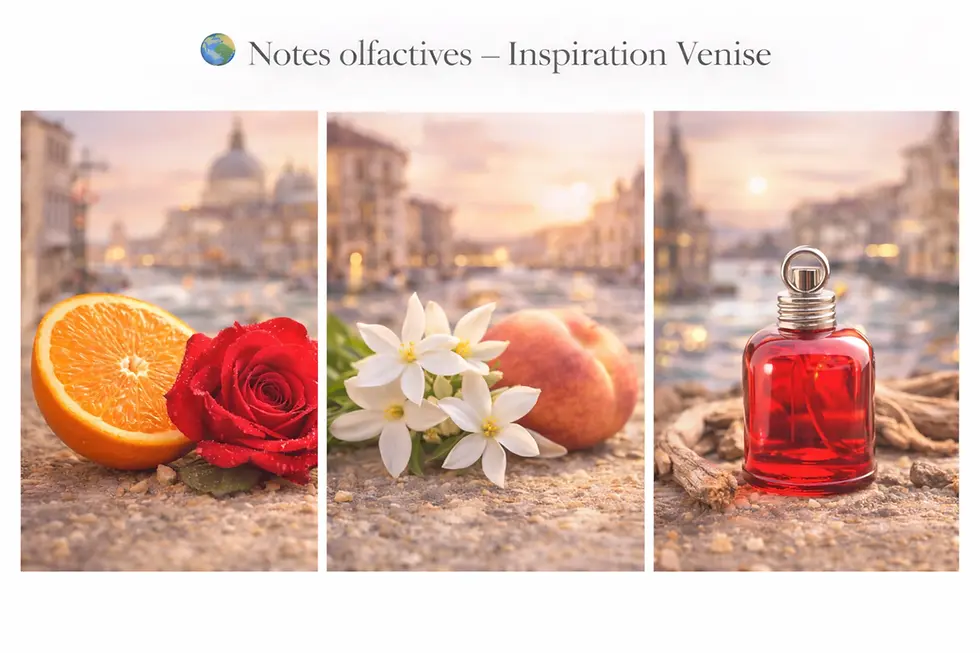 Triptyque notes olfactives Venise – orange fraîche, fleurs blanches et pêche, musc ambré, inspiration romantique vénitienne,