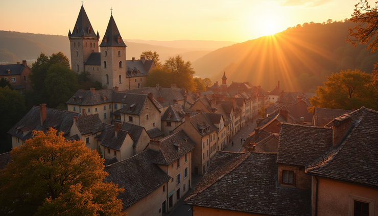 Vue panoramique de Sarlat-la-Canéda au coucher du soleil